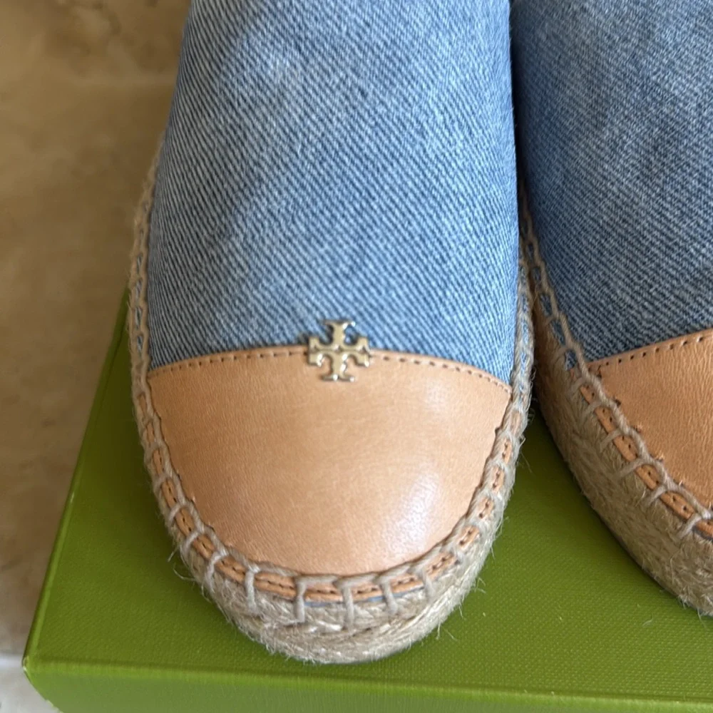 Tory Burch Bi-color Denim Ankle Wrap Cap Toe Espadrilles NWT